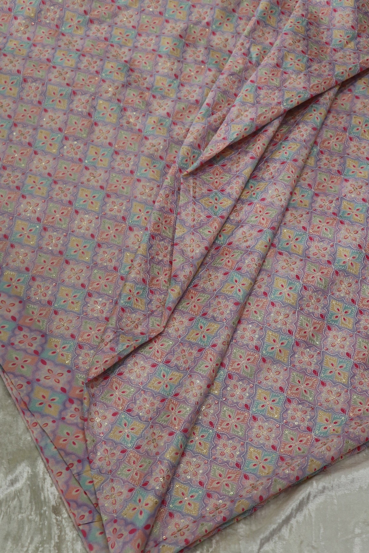 Semi Raw Silk Multi Geometrical Color Printed Fabric