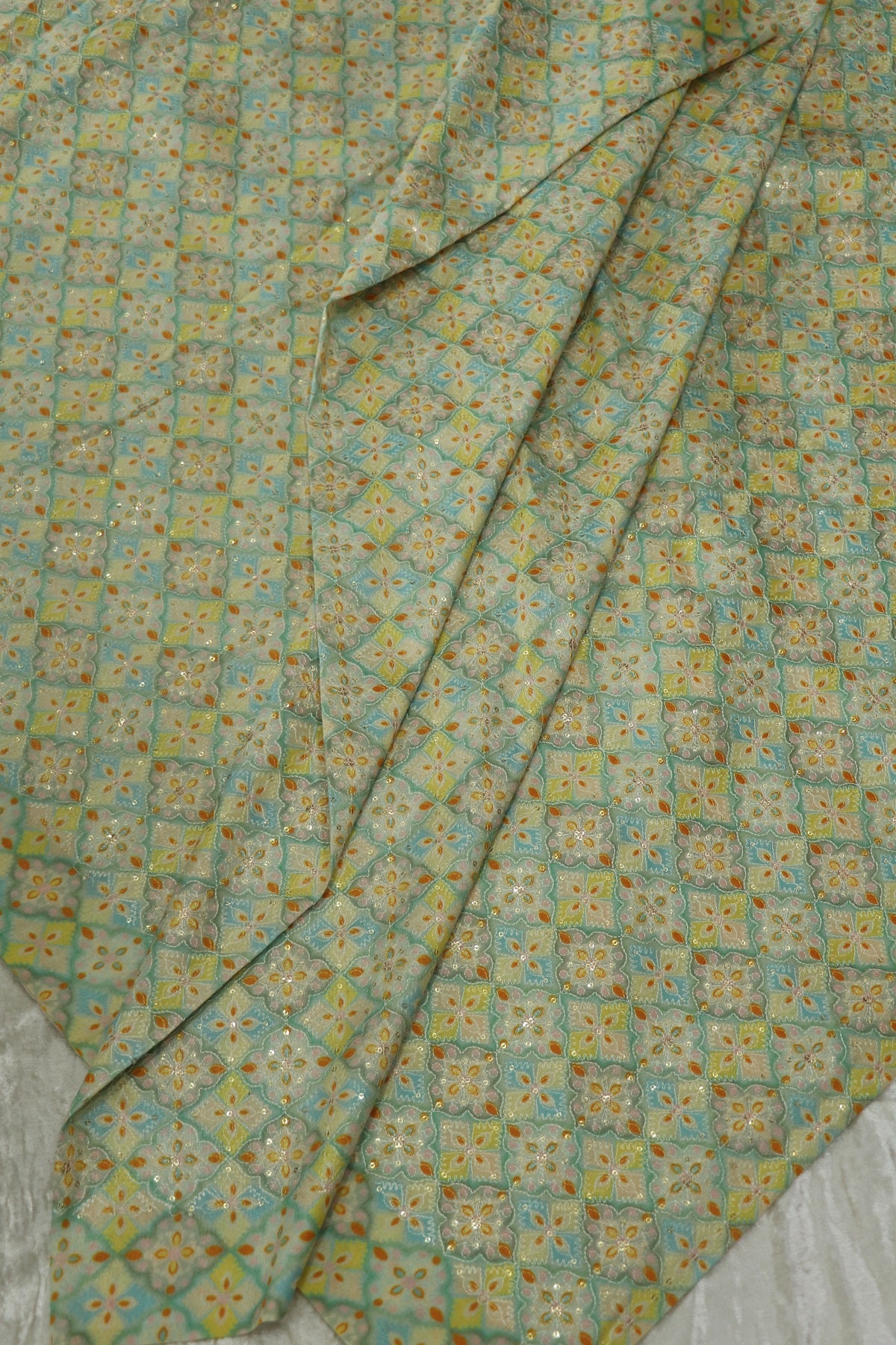 Semi Raw Silk Multi Geometrical Color Printed Fabric