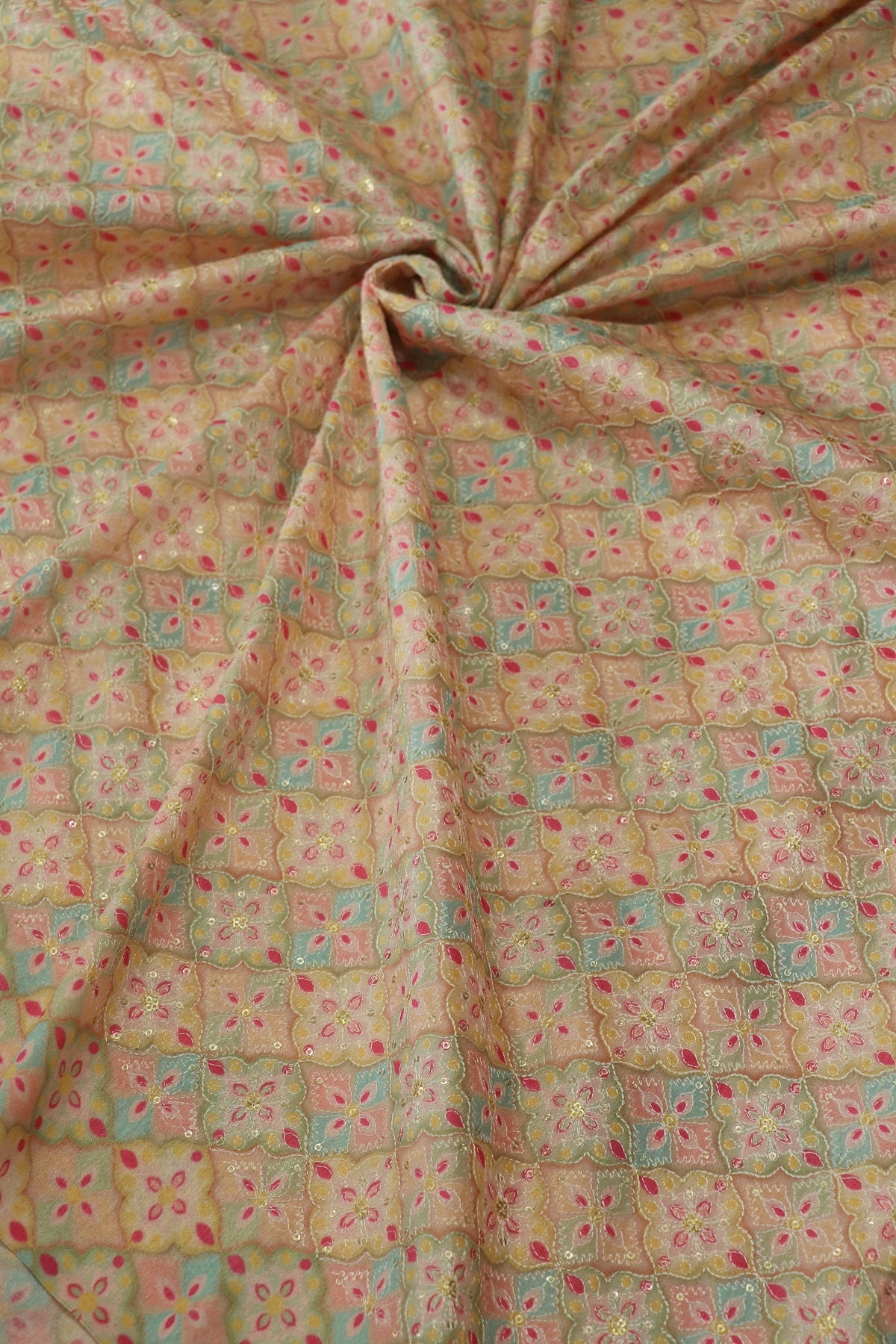 Semi Raw Silk Multi Geometrical Color Printed Fabric