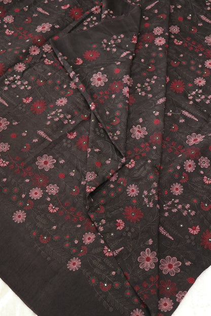 Floral & Pine Tree Design Embroidery On Falling Rawsilk Fabric