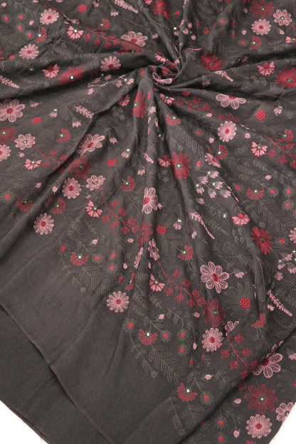 Floral & Pine Tree Design Embroidery On Falling Rawsilk Fabric