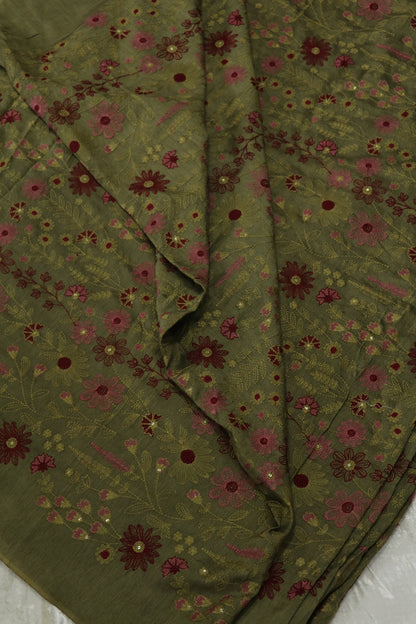Floral & Pine Tree Design Embroidery On Falling Rawsilk Fabric