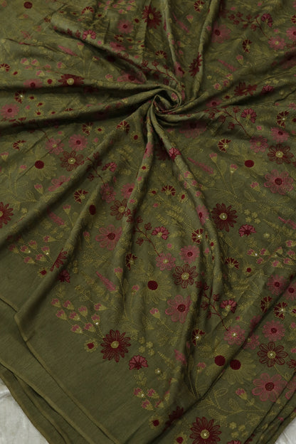 Floral & Pine Tree Design Embroidery On Falling Rawsilk Fabric