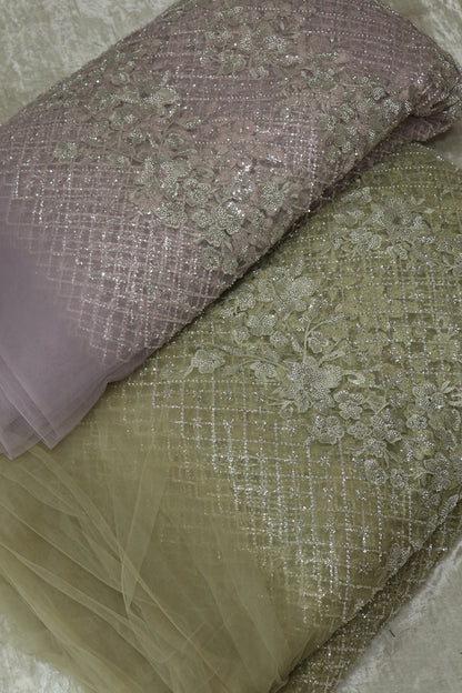Diamond Patterned & Floral Embossed Works With Cut Beads & Sequins On Net