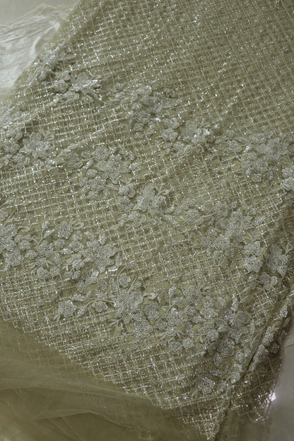 Diamond Patterned & Floral Embossed Works With Cut Beads & Sequins On Net