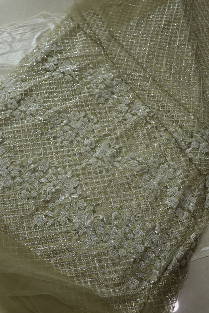 Diamond Patterned & Floral Embossed Works With Cut Beads & Sequins On Net