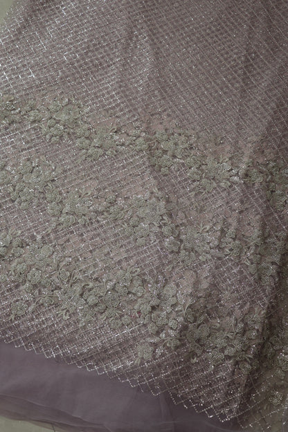 Diamond Patterned & Floral Embossed Works With Cut Beads & Sequins On Net