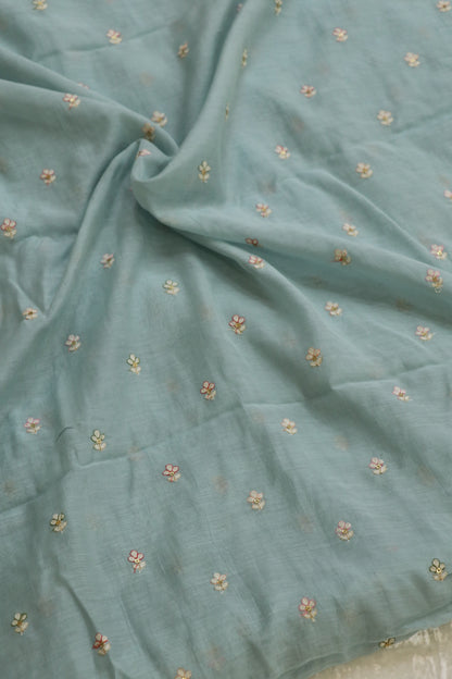 Pure Mul Chanderi Three Petal Floral Embroidered Fabric