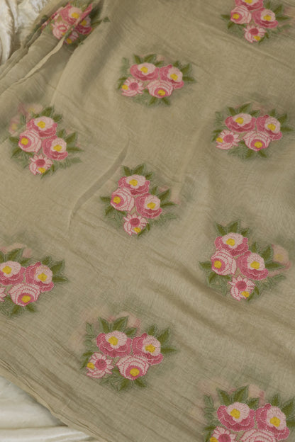 Pure Mul Chanderi Rose Bunches Embroidered Fabric