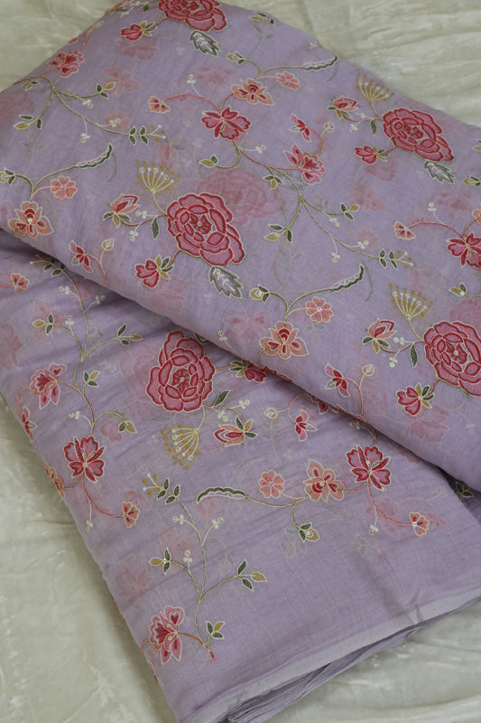 Pure Mul Chanderi Red Rose Floral Jaal Embroidered Fabric