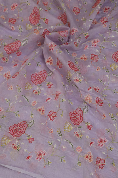 Pure Mul Chanderi Red Rose Floral Jaal Embroidered Fabric