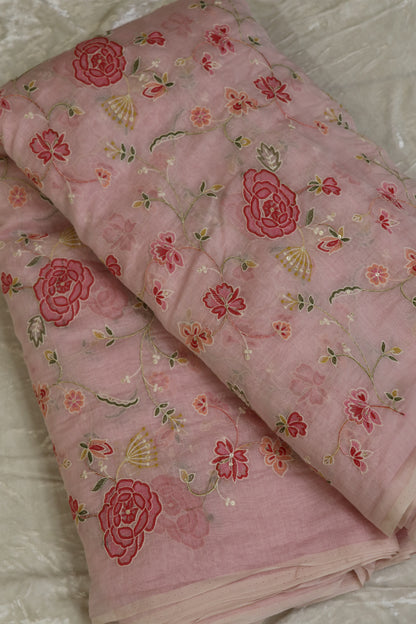 Pure Mul Chanderi Red Rose Floral Jaal Embroidered Fabric