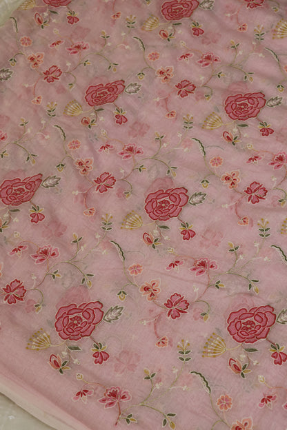Pure Mul Chanderi Red Rose Floral Jaal Embroidered Fabric
