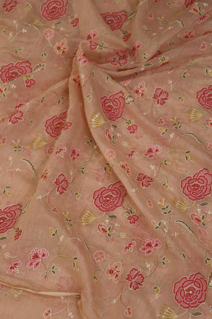 Pure Mul Chanderi Red Rose Floral Jaal Embroidered Fabric