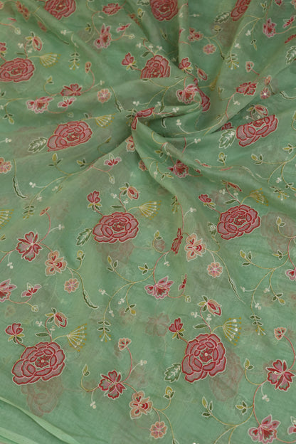 Pure Mul Chanderi Red Rose Floral Jaal Embroidered Fabric