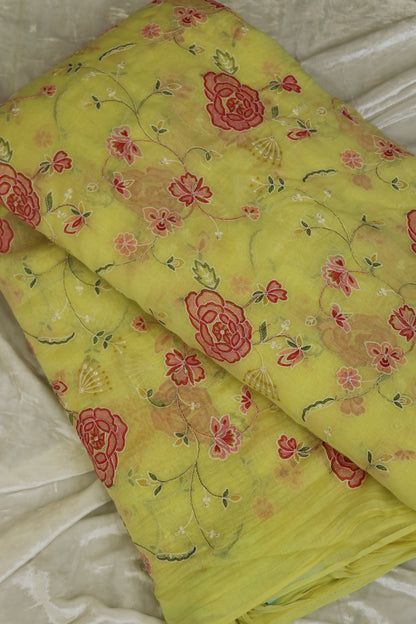 Pure Mul Chanderi Red Rose Floral Jaal Embroidered Fabric