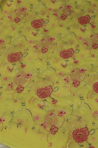 Pure Mul Chanderi Red Rose Floral Jaal Embroidered Fabric