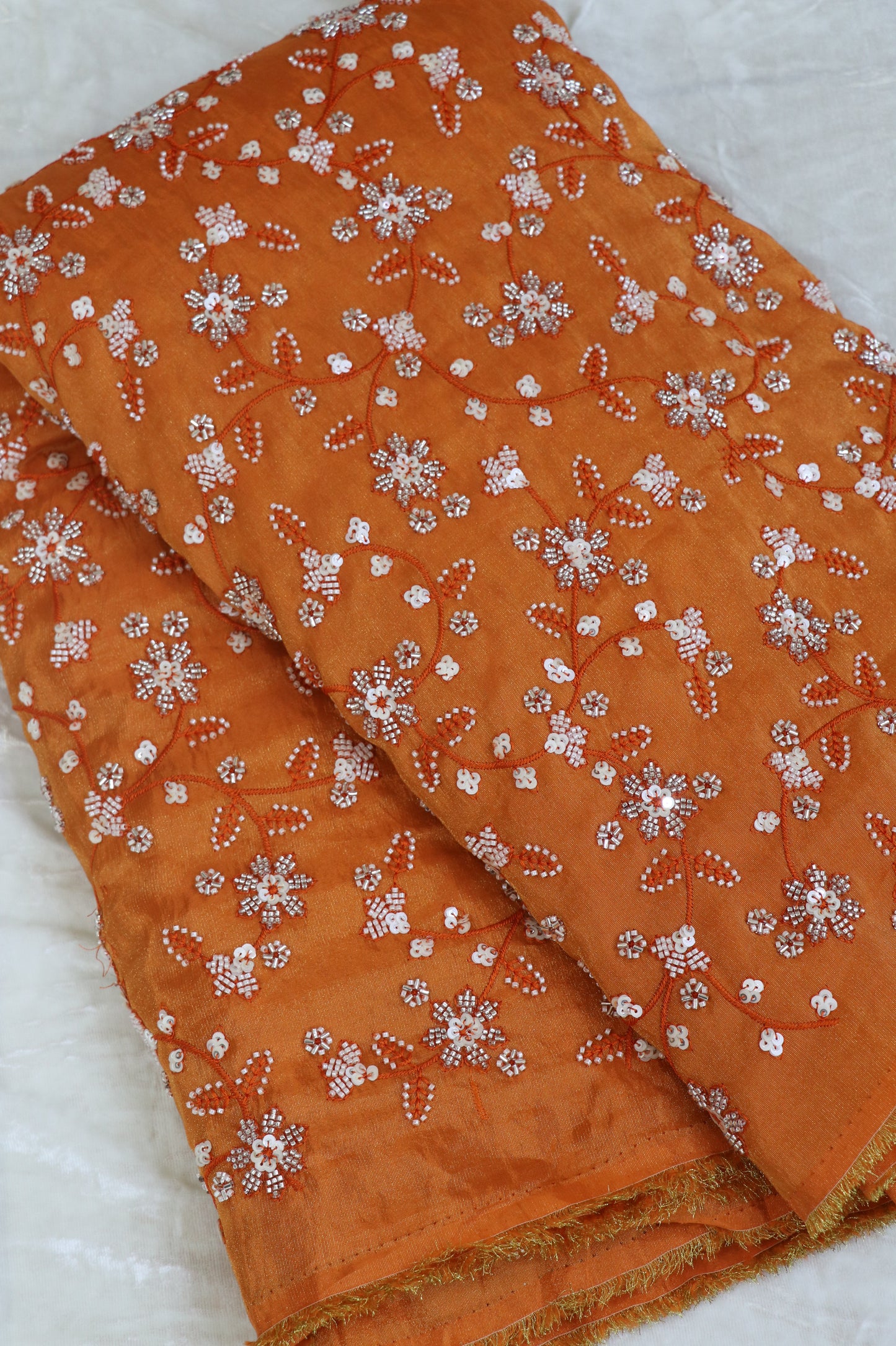 Floral Jaal Embroidered With Cut Beads & Sequins  Uppada Tissue Fabric