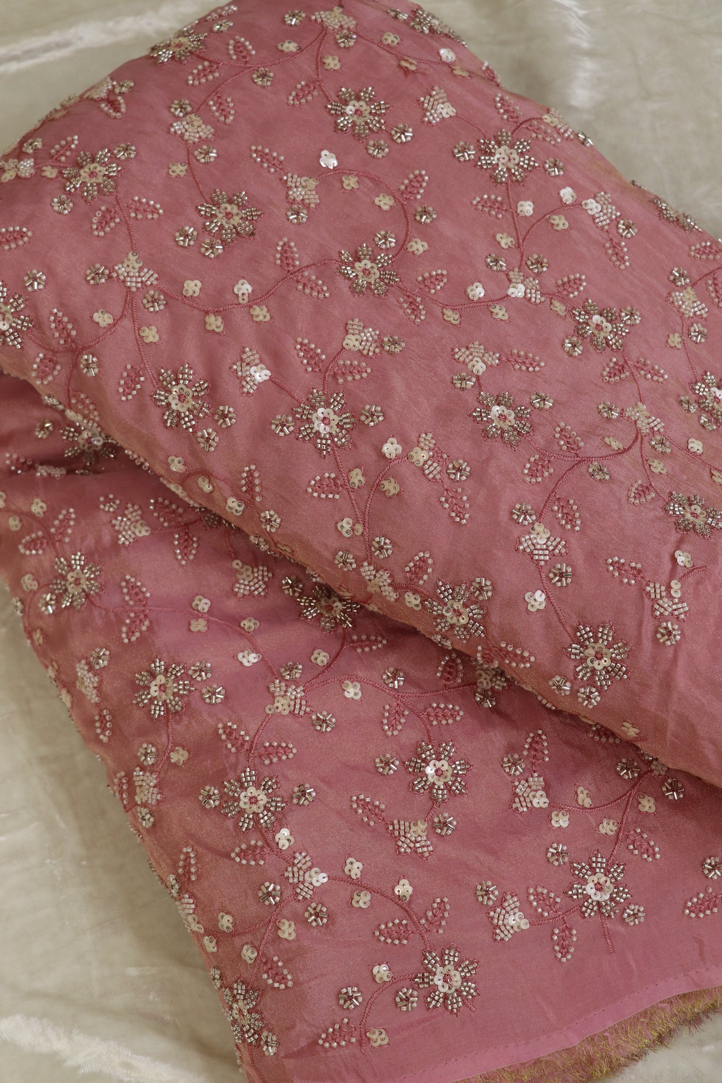 Floral Jaal Embroidered With Cut Beads & Sequins  Uppada Tissue Fabric