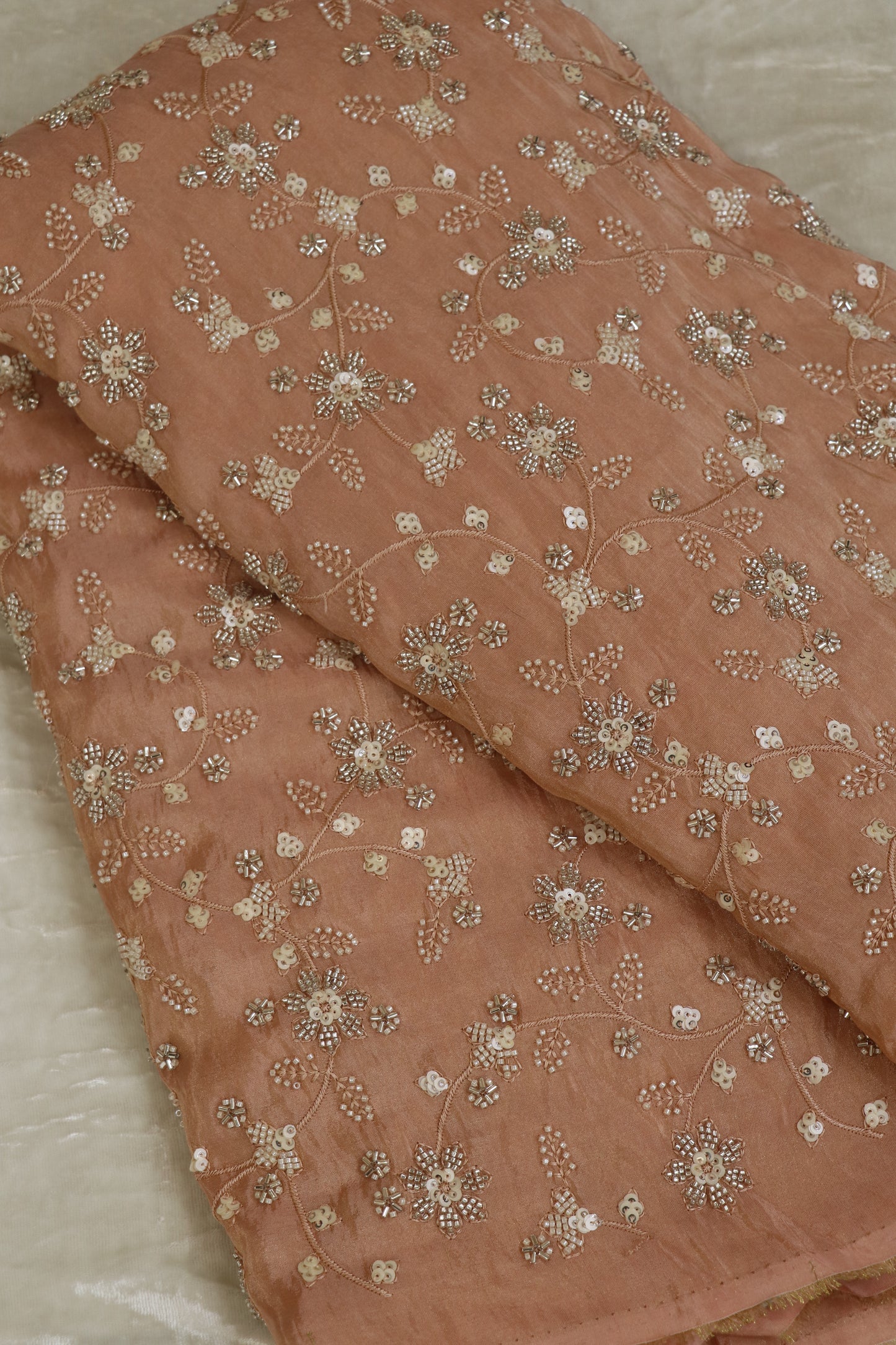 Floral Jaal Embroidered With Cut Beads & Sequins  Uppada Tissue Fabric
