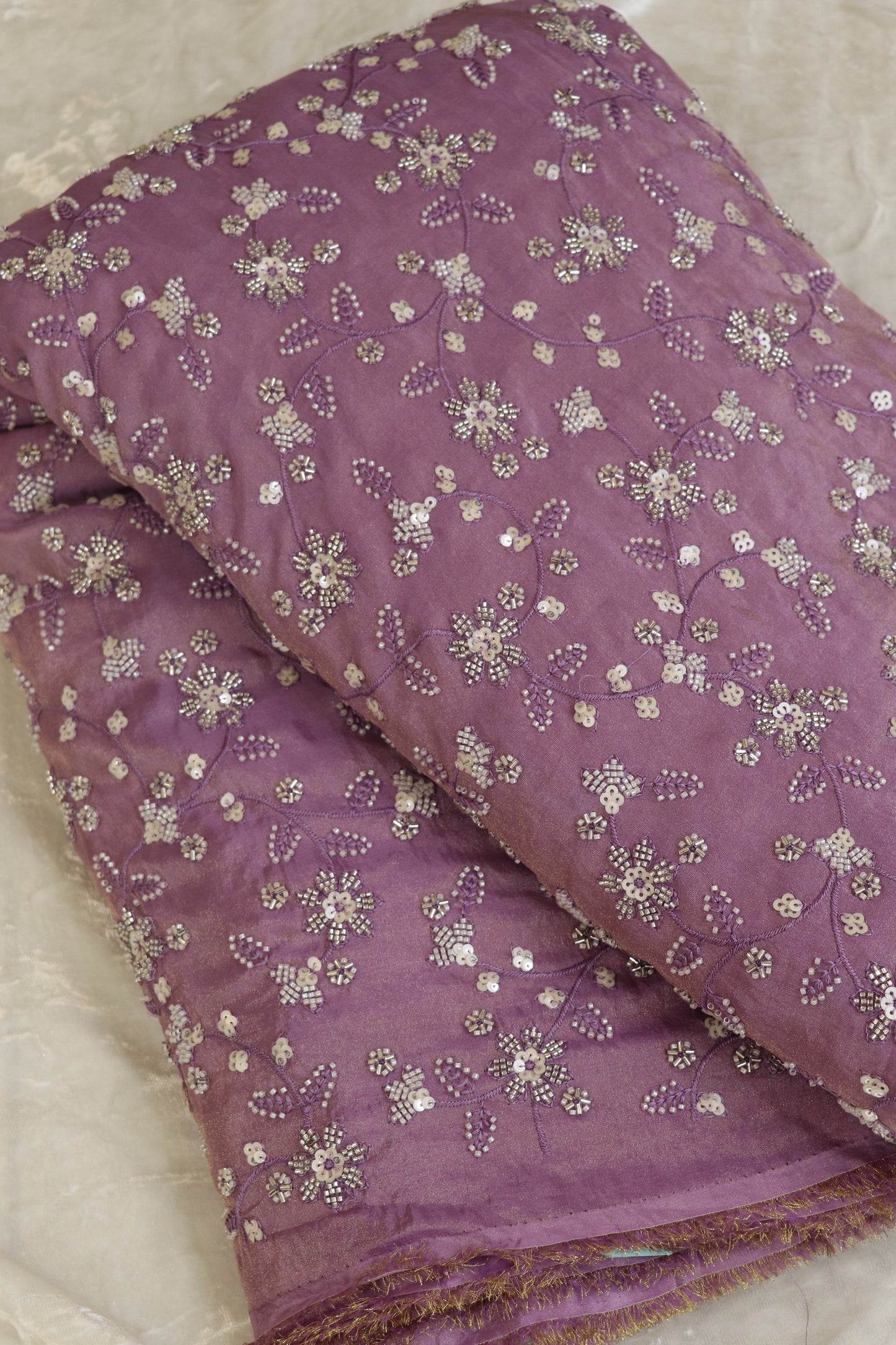 Floral Jaal Embroidered With Cut Beads & Sequins  Uppada Tissue Fabric