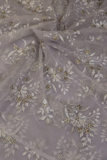 Organza Floral Embroidered Bunches Fabric With Sequins
