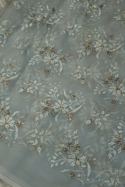 Organza Floral Embroidered Bunches Fabric With Sequins