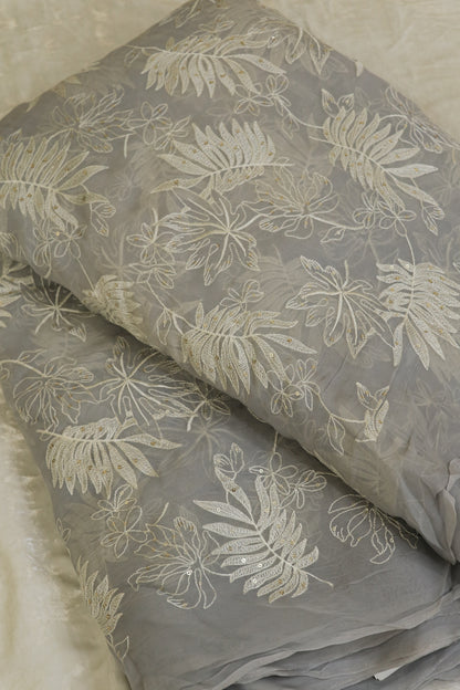 Pine Leaf Shape Patterned Embroidered Organza Fabric