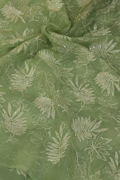 Pine Leaf Shape Patterned Embroidered Organza Fabric