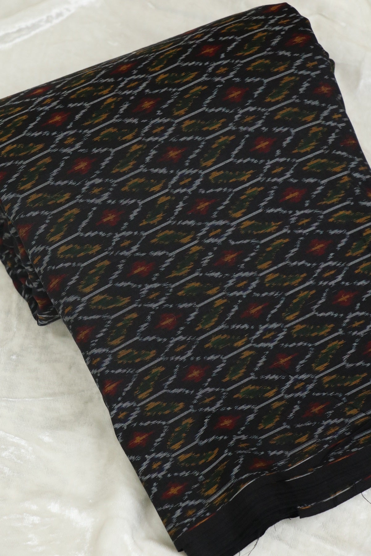 Black Pure Cotton Silk Ikkat Hand Woven Fabric
