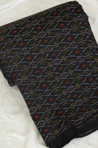 Black Pure Cotton Silk Ikkat Hand Woven Fabric