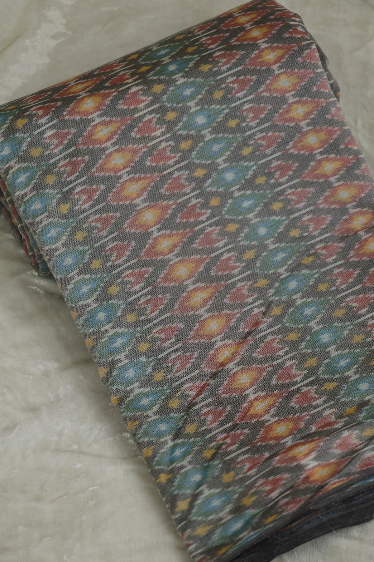 Pearl White Pure Cotton Silk Ikkat Hand Woven Fabric