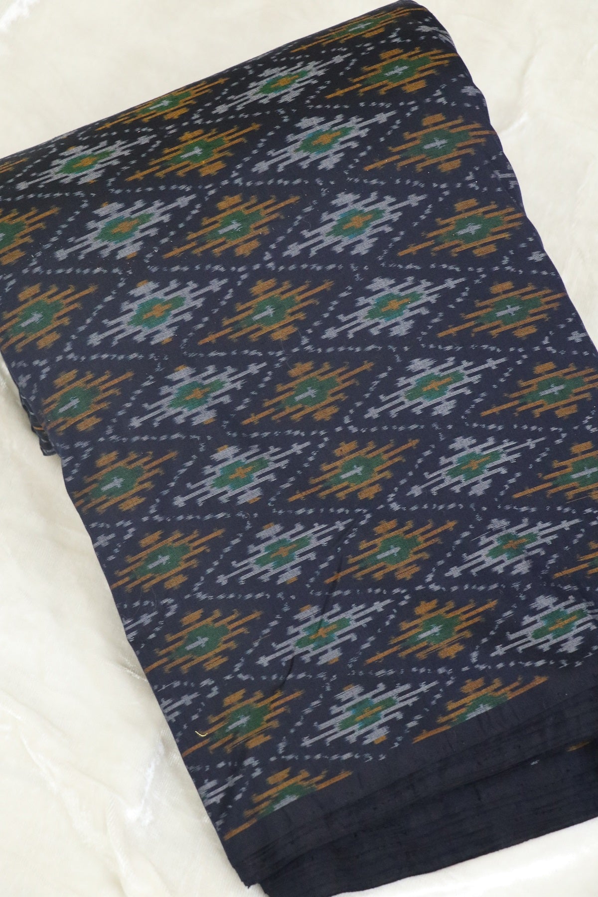 Dark Navy Blue Pure Cotton Silk Ikkat Hand Woven fabric