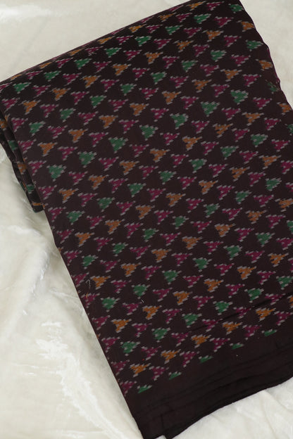 Chocolate Brown Pure Cotton Silk Ikkat Hand Woven Fabric