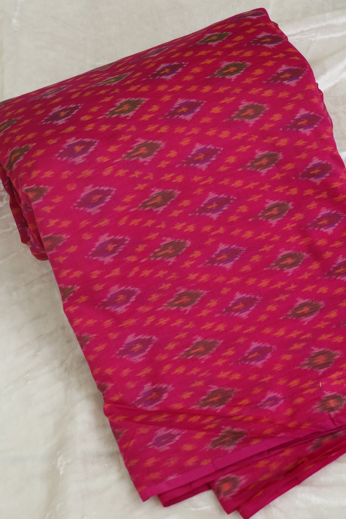 Fuschia Pink Pure Cotton Silk Ikkat Hand Woven Fabric