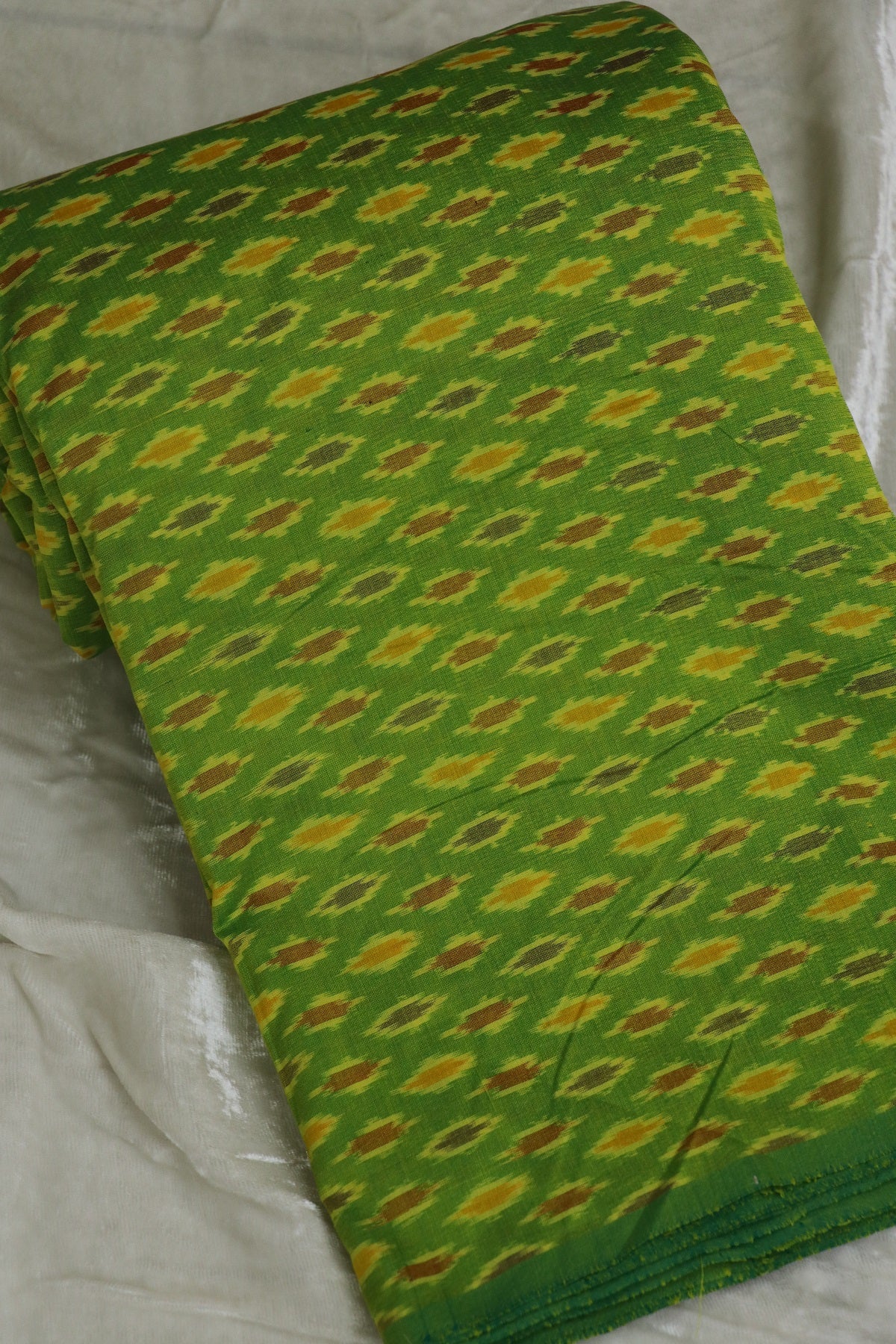 Lime Green Pure Cotton Silk Ikkat Hand Woven Fabric