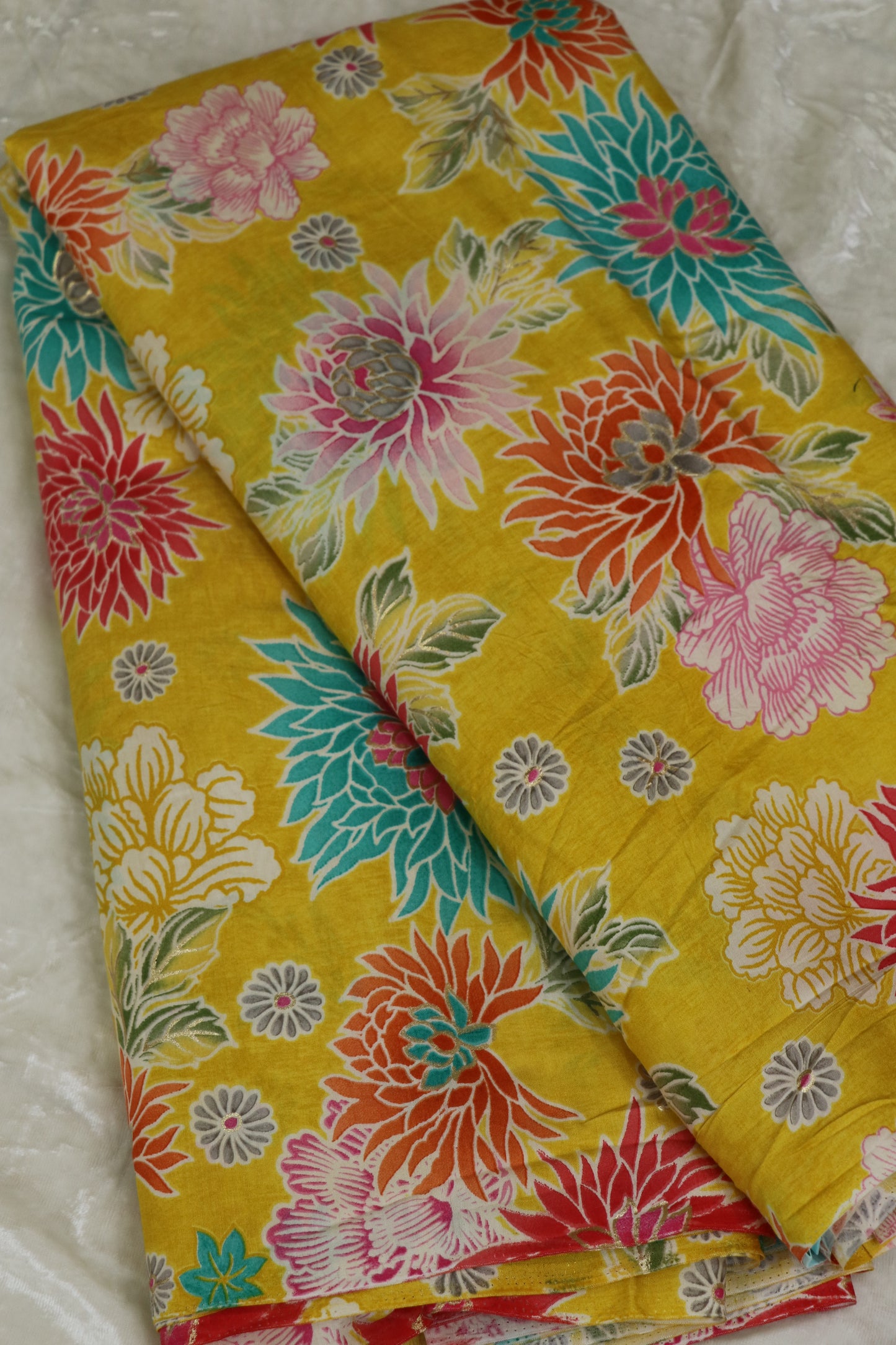 Floral Printed Mul SilkFabric Highlited With Gold Foil