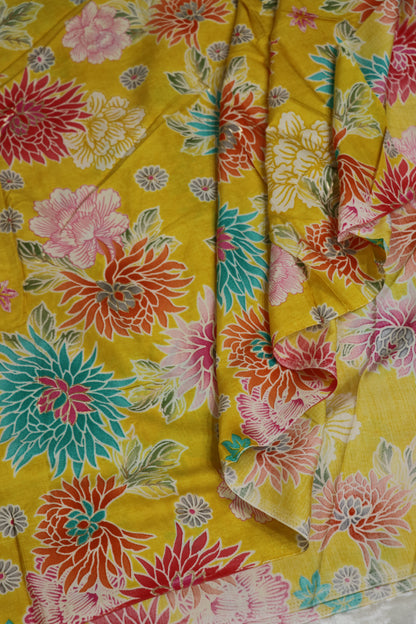 Floral Printed Mul SilkFabric Highlited With Gold Foil