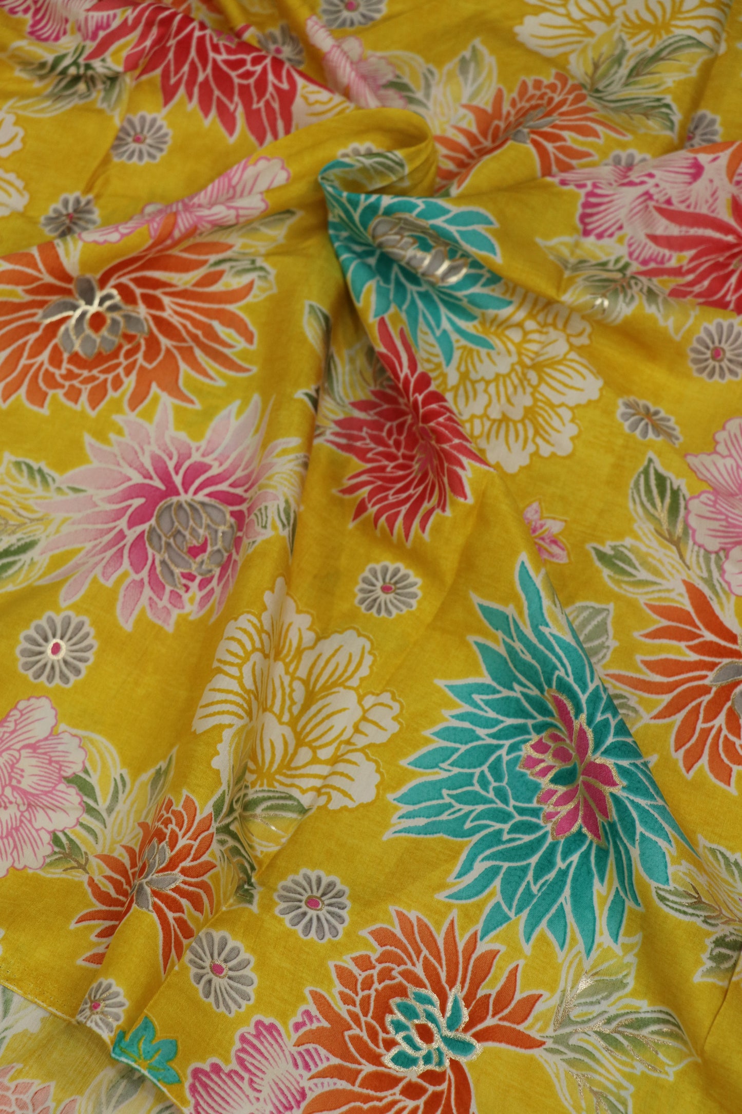 Floral Printed Mul SilkFabric Highlited With Gold Foil