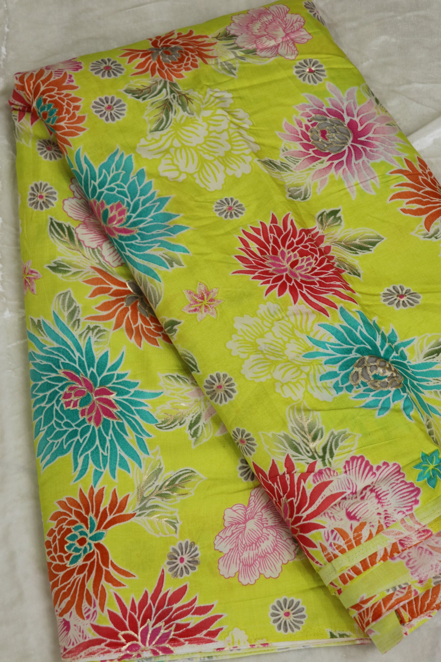 Floral Printed Mul SilkFabric Highlited With Gold Foil