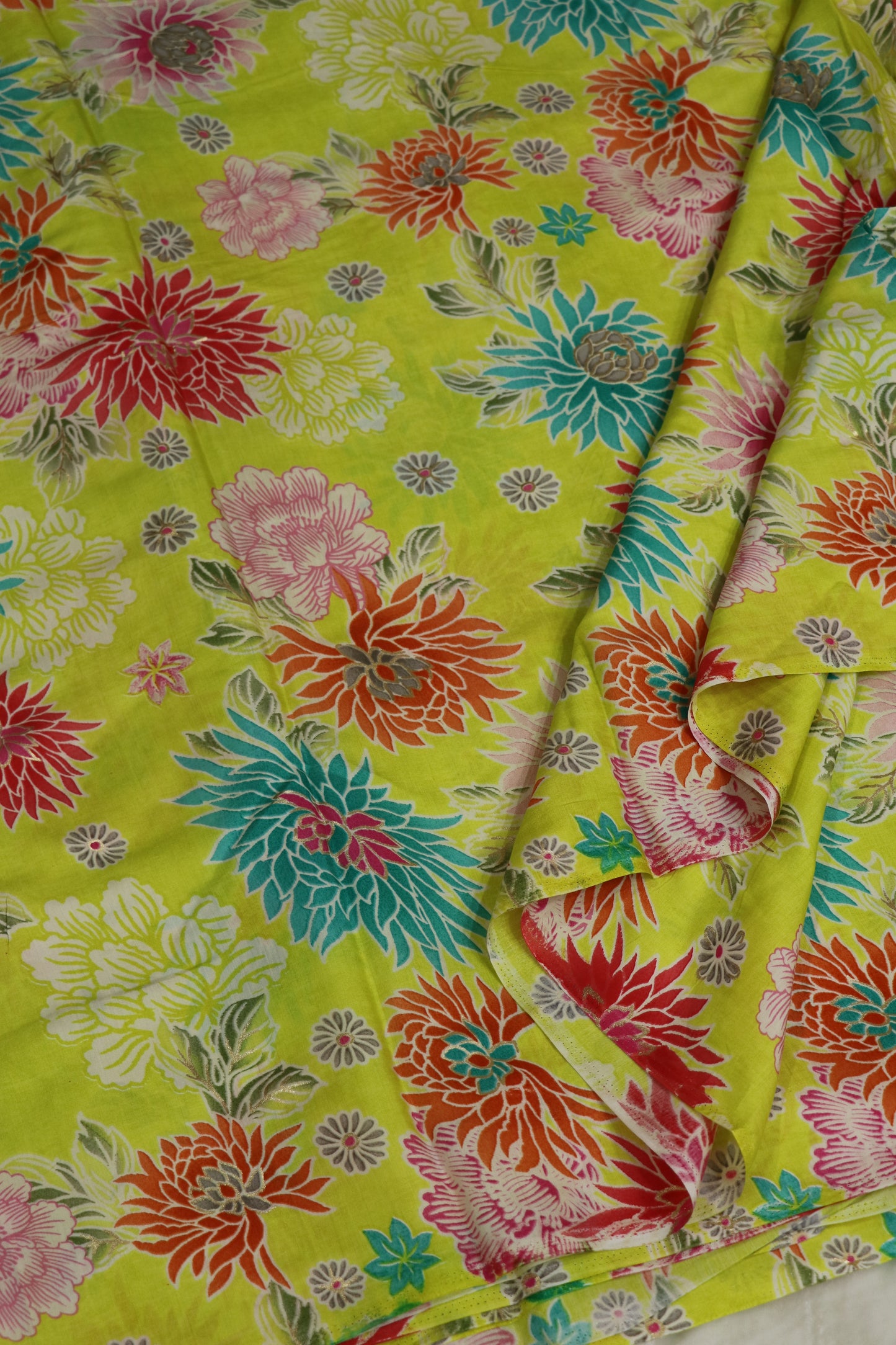 Floral Printed Mul SilkFabric Highlited With Gold Foil