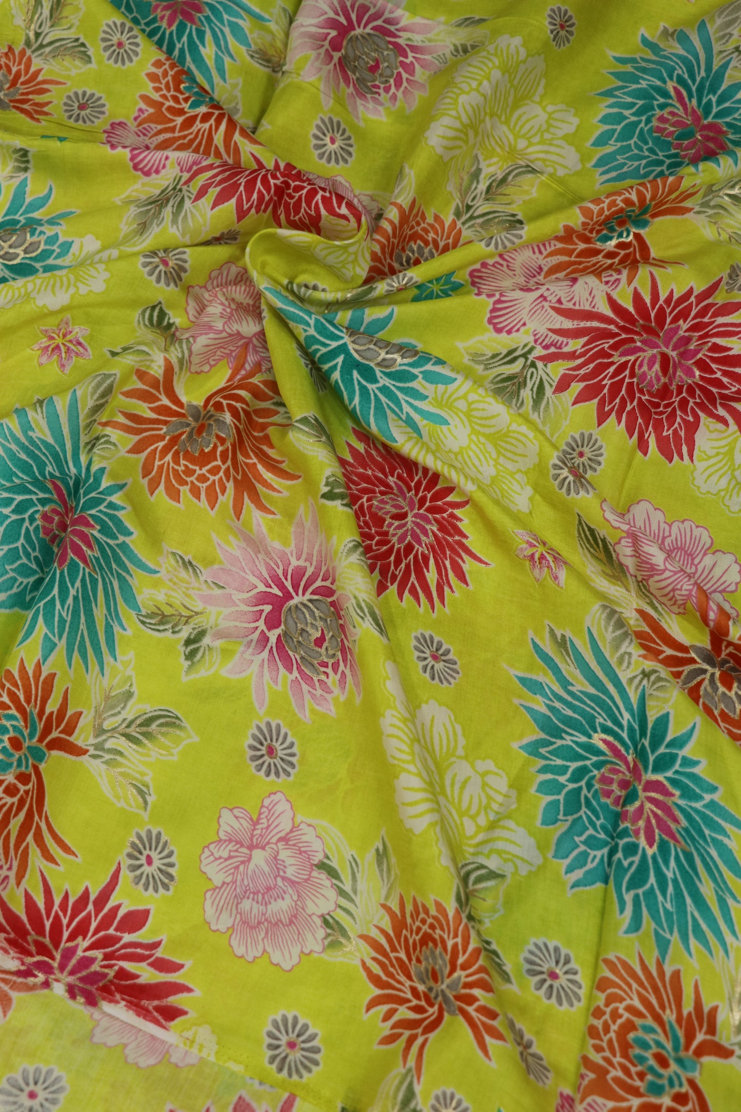 Floral Printed Mul SilkFabric Highlited With Gold Foil