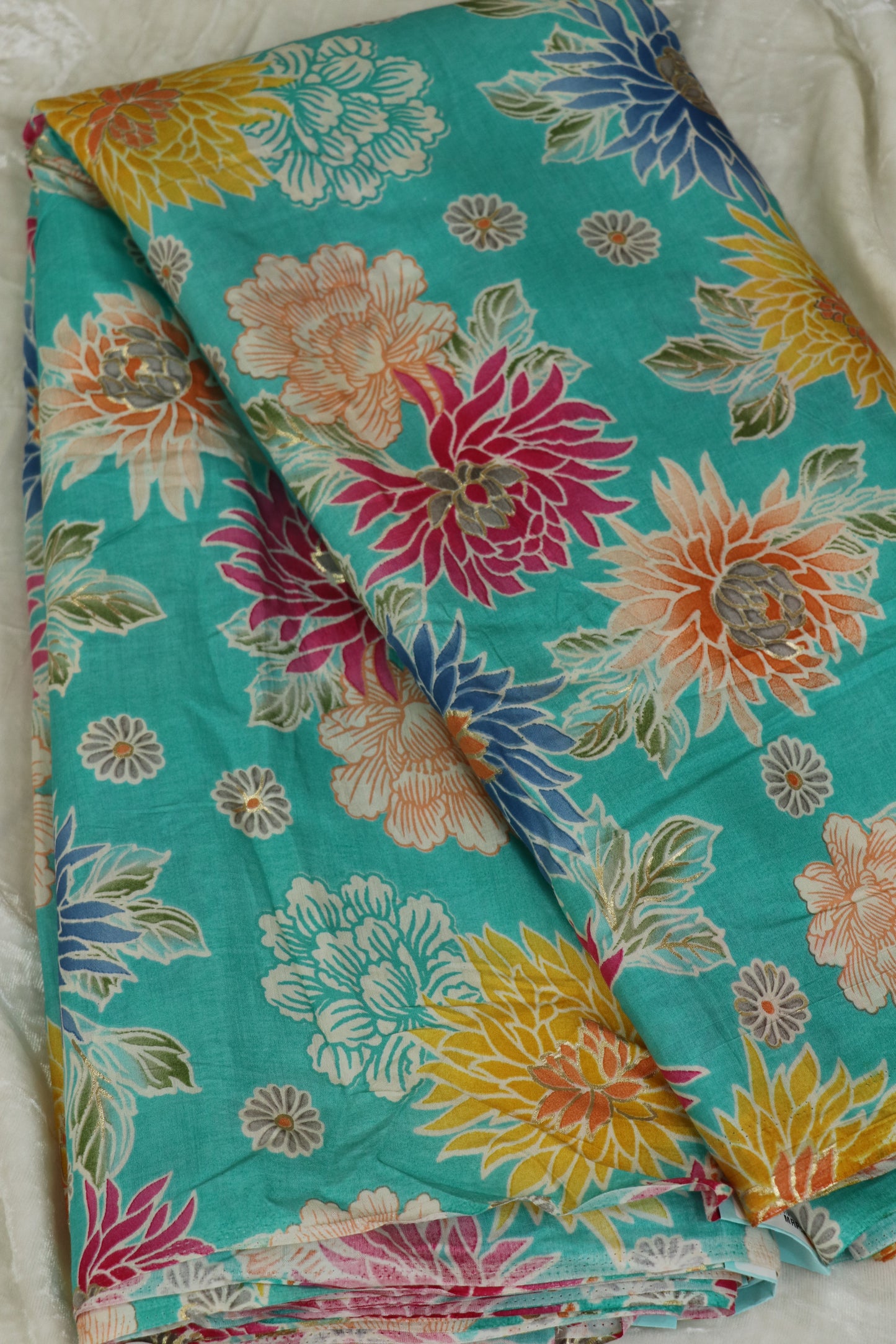 Floral Printed Mul SilkFabric Highlited With Gold Foil