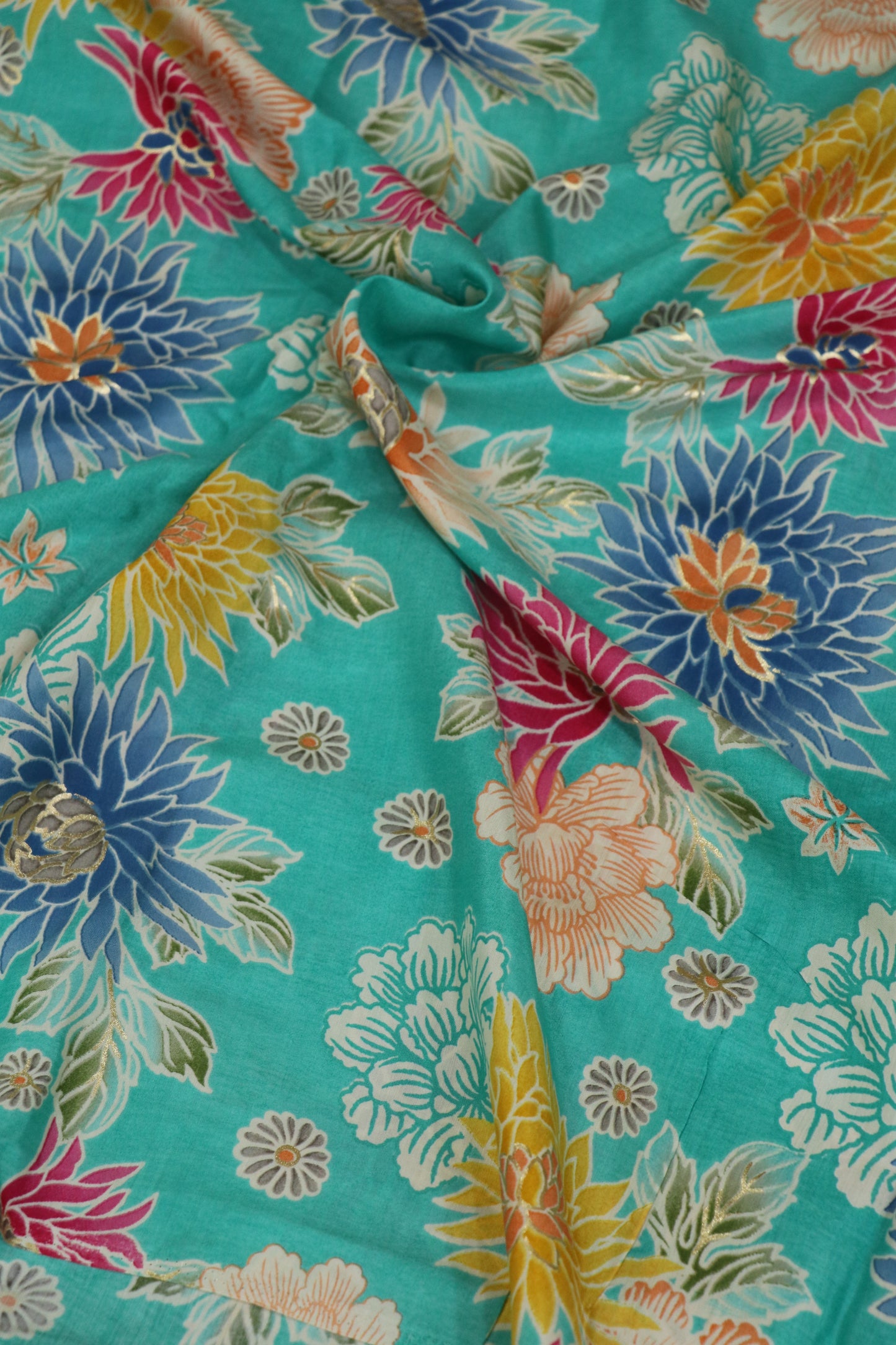 Floral Printed Mul SilkFabric Highlited With Gold Foil