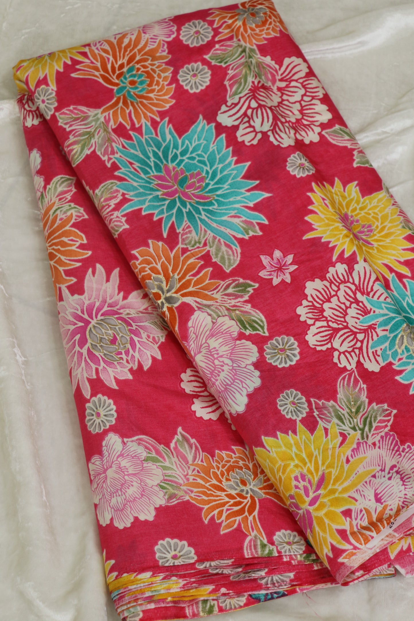 Floral Printed Mul SilkFabric Highlited With Gold Foil