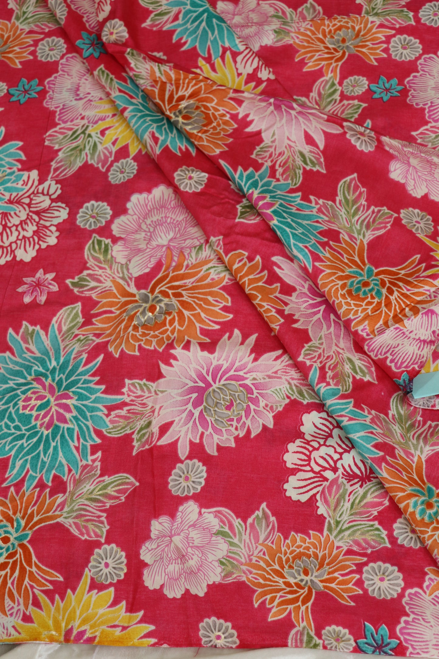 Floral Printed Mul SilkFabric Highlited With Gold Foil