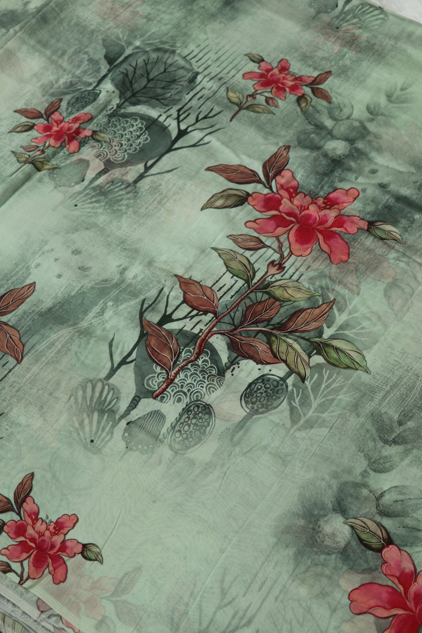 Luminouse Green Floral Printed Mul Chanderi Fabric