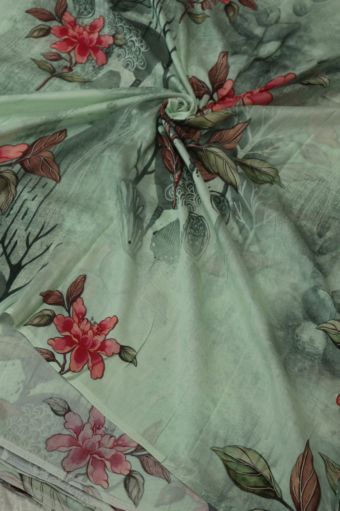 Luminouse Green Floral Printed Mul Chanderi Fabric