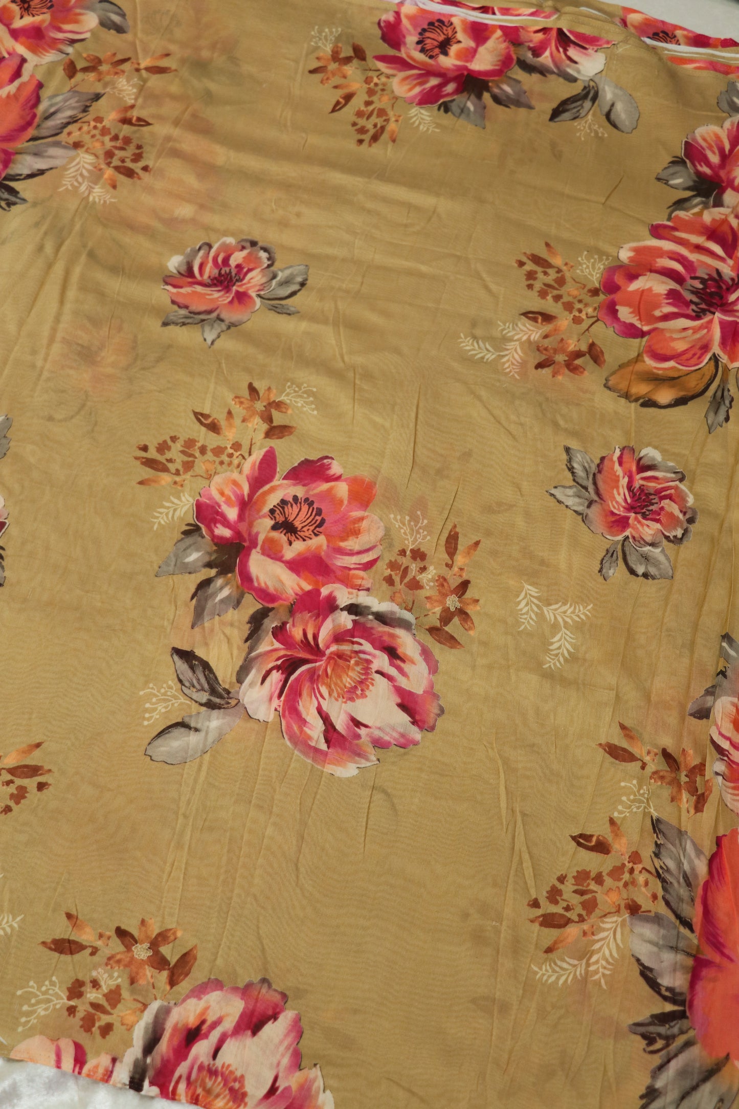 Pastel Board Brown Floral Printed Mul Chanderi Fabric