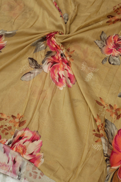 Pastel Board Brown Floral Printed Mul Chanderi Fabric